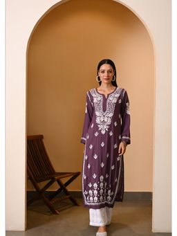 House of Chikankari - Eshal Chikankari Modal Straight Kurta - Purple