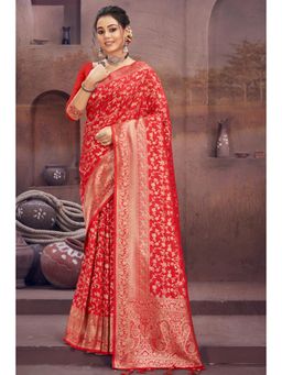 Sangam Prints - Red Silk Woven Zari Work Traditional Tassel Saree with Unstitched Blouse