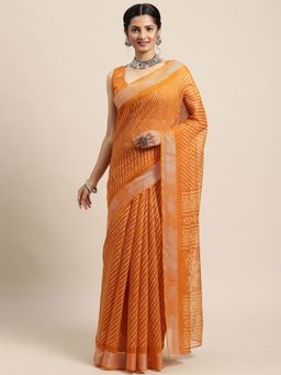 Odette - Womens Cotton Blend Mustard Printed Saree with Unstitched Blouse