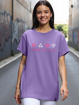 Bewakoof - Official Squid Game Women's Paisley Purple Dare To Play Graphic Printed Boyfriend T-shirt
