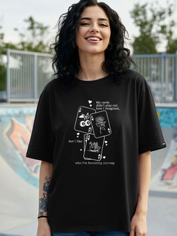 Bewakoof - Women's Black Cards Graphic Printed Oversized T-shirt