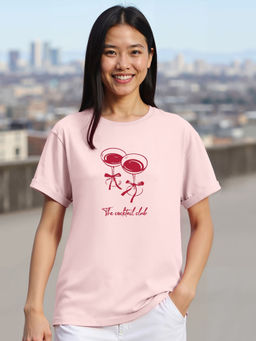 Bewakoof - Women's Pink Cocktail Club Graphic Printed Boyfriend T-shirt