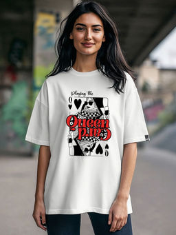 Bewakoof - Women's White Queen Card Graphic Printed Oversized T-shirt