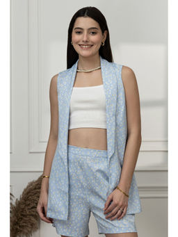 PURYS - Women Blue Polyester Floral Coat with Shorts Co-Ord Set