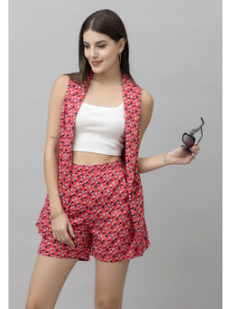 PURYS - Women Pink Polyester Printed Coat with Shorts Co-Ord Set