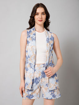 PURYS - Women Blue Polyester Floral Coat with Shorts Co-Ord Set