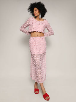 PINACOLADA - Women Blush Pink Sheer Applique Co-Ord Set with Slit