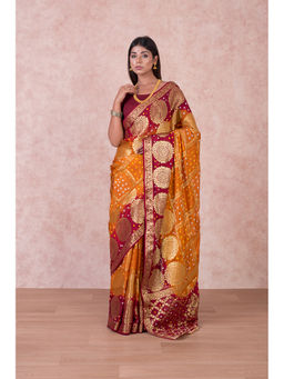 KISHORI - Womens Bandhani and Banarasi Saree and Blouse Fabric-Maroon-Orange