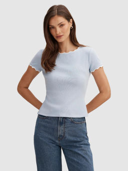 Forever New - Blue Viscose Round Neck Half Sleeves Solid/Plain Top