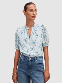 Forever New - Blue Polyester Mandarin Neck Half Sleeves Floral Top