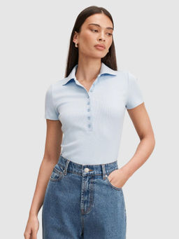 Forever New - Blue Viscose Collar Neck Half Sleeves Solid/Plain Polo T-shirt