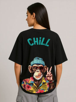 HAZUKU - Chill Monkey Back Print Oversized Black Graphic T-Shirt
