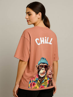 HAZUKU - Chill Monkey Back Print Oversized Peach Graphic T-Shirt