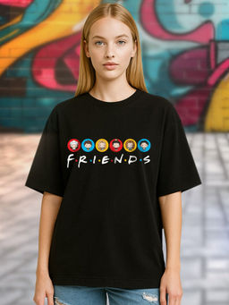 HAZUKU - 6 Friends Typography Black Oversized T-Shirt