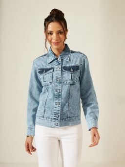 Miss Chase - Women Light Blue Hand Full Sleeves Solid Buttoned Denim Jacket