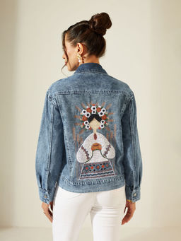 Miss Chase - Women Light Blue Collared Full Sleeve Solid Regular Length Denim Jacket