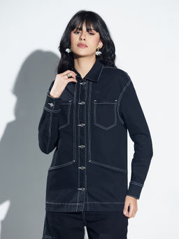 Miss Chase - Women Black Shirt Collar Full Sleeve Oversized Denim Jacket