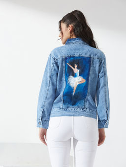 Miss Chase - Women Light Blue Collar Full Sleeve Hand Painted Denim Jacket