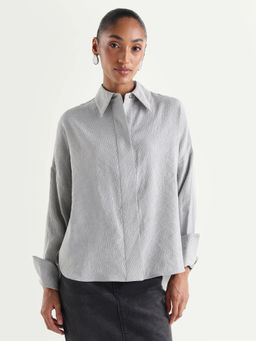 RAREISM - Grey Viscose Rayon Collar Neck Full Sleeves Solid/Plain Shirt