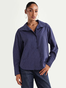 RAREISM - Navy Blue Cotton Collar Neck Full Sleeves Stripes Shirt