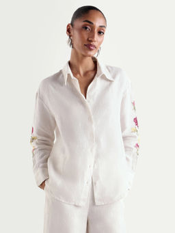 RAREISM - White Linen Collar Neck Full Sleeves Solid Shirt