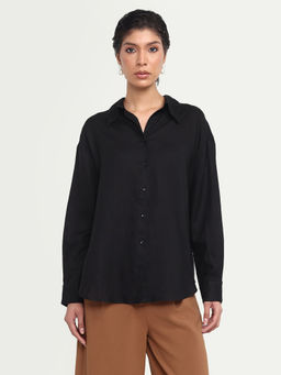 RAREISM - Black Linen Collar Neck Full Sleeves Solid/Plain Shirt
