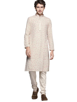 Manyavar - Beige Blended Cotton Printed Kurta Pencil Pyjama Set (Set of 2)