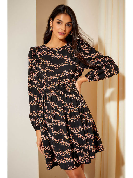 ruffle sleeve fit and flare dress Fit-N-Flare Ruffle Sleeve Soft Rib Knit Dress