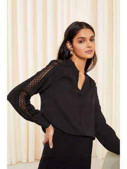 Friends Like These - Black Crochet Trim Long Sleeve Grandad Collar Shirt