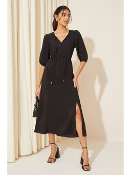 Friends Like These - Black V Neck Puff Sleeve Shirred Waist Dress