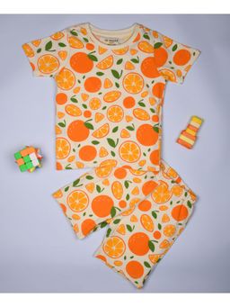 Be Awara - Half Sleeves Cotton T-shirt & Shorts Orange Print Cream (Set of 2)