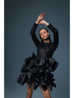 Label Iris - Black Sequin Organza Ruffle Dress