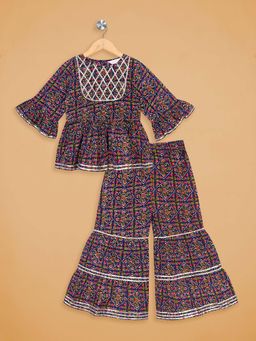 Budding Bees - Girls Navy Blue Cotton Jaipuri Printed Festive Kurta with Sharara