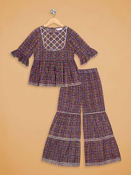 Budding Bees - Girls Navy Blue Jaipuri Printed Festive Kurta with Sharara