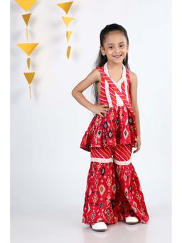 Budding Bees - Girls Red Cotton Jaipuri Printed Kurta with Sharara