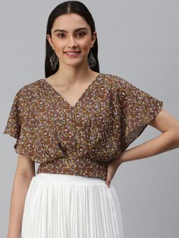 SHOWOFFFF - Women V-Neck Flare Sleeves Floral Brown Top