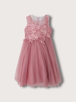 Blue Giraffe - Girls Embroidered Fit and Flare Round Neck Dress