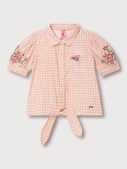 Blue Giraffe - Girls Peach Checked Spread Collar Top