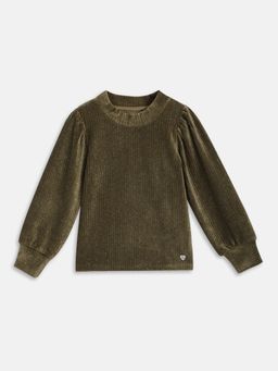 Blue Giraffe - Girls Olive Striped Round Neck T-Shirt