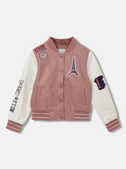 ELLE - Girls Peach Colourblocked Stand Collar Long Sleeves Bomber Jacket