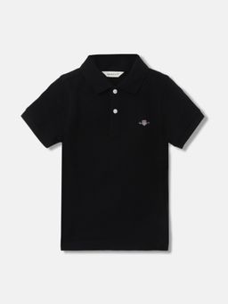 GANT - Boys Black Solid Polo Collar Short Sleeves T-Shirt