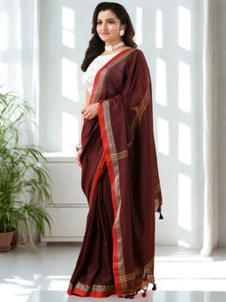 DESH BIDESH - Women'S Cotton Maroon Woven Saree with Unstitched Blouse