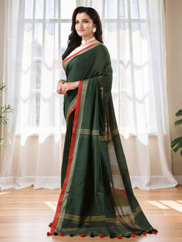 DESH BIDESH - Women Cotton Green Woven Saree with Unstitched Blouse