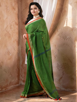 DESH BIDESH - Women'S Cotton Green Woven Saree with Unstitched Blouse