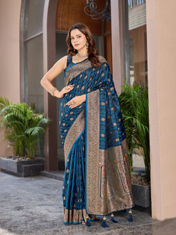 Manohari - Women Silk Blue Woven Saree with Unstitched Blouse