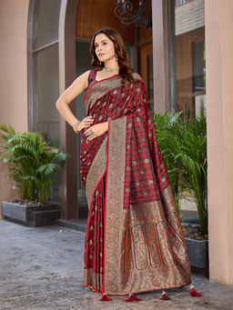 Manohari - Women Silk Maroon Woven Saree with Unstitched Blouse