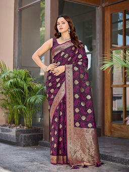 Manohari - Women'S Silk Wine Woven Saree with Unstitched Blouse
