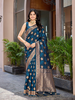 Manohari - Women'S Silk Blue Woven Saree with Unstitched Blouse