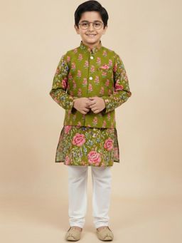 LITTLE GINNIE - Green Cotton Regular Kurta With Pyjama & Nehru Jacket