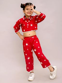 LITTLE GINNIE - Red Cotton Regular Crop Shirt With Pant